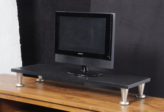 LED LCD TV Riser Stand Solid Oak with Silver Metal Pillar Legs Mat Finish Industrial Stand - JDi Home